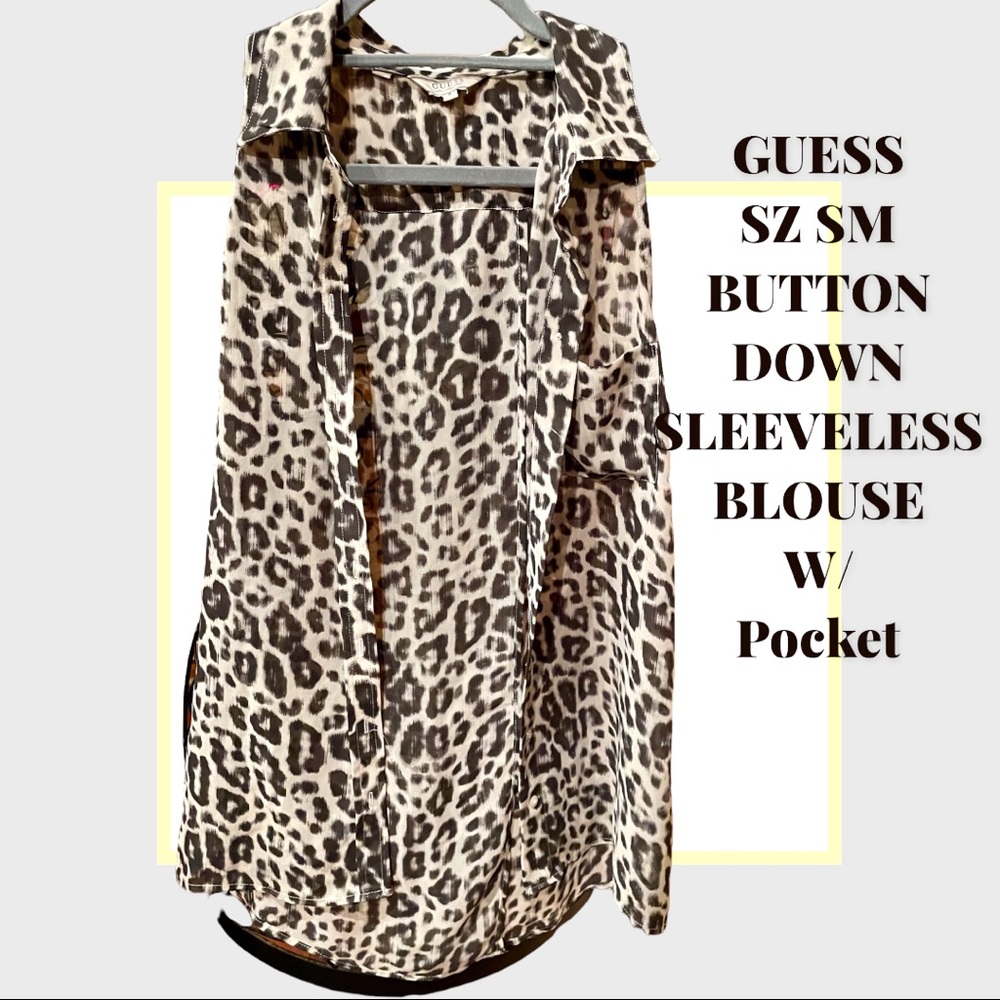 GUESS SZ SM SLEEVELESS BUTTON DOWN FRONT POCKET FLOWY TUNIC W/BACK SLIT & COLLAR - Picture 3 of 14